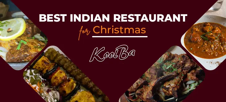 KoolBa Indian restaurant beautifully decorated for Christmas dinner with festive lights and traditional dishes